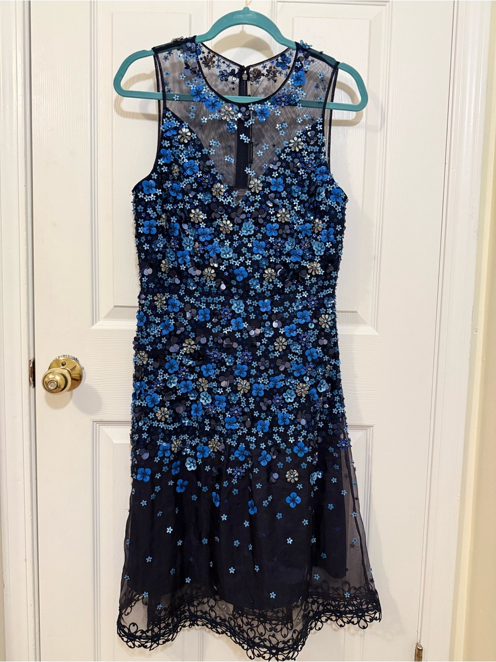Elie Tahari Navy Blue Floral Embroidered Midi Dress, NWT.